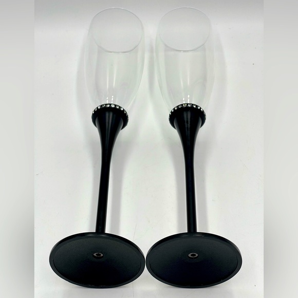Set of 2 - Deco Glam Glass Champagne Flutes with Black Metal Stem & Rhinestones - Picture 4 of 14